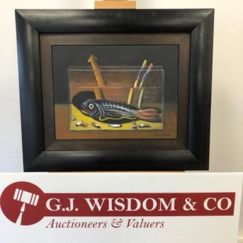 Chris Gollon (1953-2017) 'Still Life with Fish', Acrylic on Canvas 2003, Signed. Size 12 x 16in