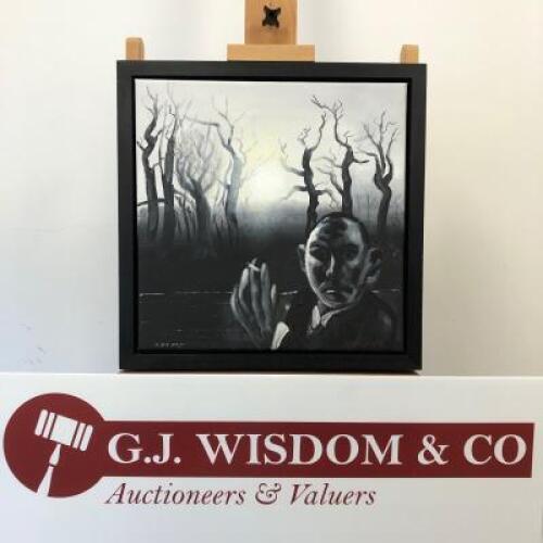 Chris Gollon (1953-2017) Man in Dark Woods, Acrylic on Canvas 2002, Signed. Size 16 x 16in