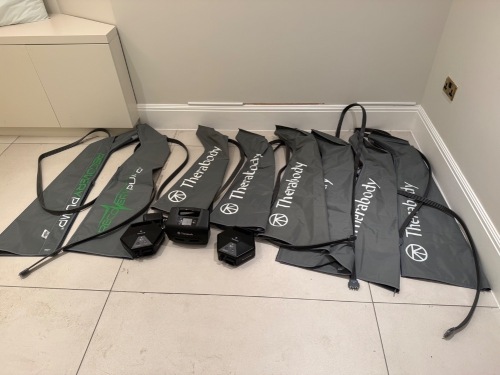 3 x Therabody RecoveryAir Pumps 8 x Therabody Compression Boots in Assorted Sizes (As Viewed).