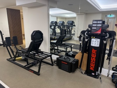Keiser Air System Equipment to Include: Air300 Leg Press Machine, Model 002531BP, S/N 180222-05329, Keiser Infinity Series Functional Trainer, Model 003020BP, S/N 200618-17793 & Keiser Small Air Compressor, Model 001022B, S/N 200417-11199.