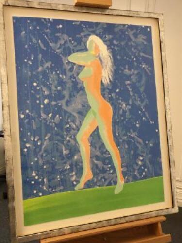 Edward Piper (1938-1990) 'Nude 3 Blue & Green', Signed, Glazed & Framed Coloured Lithograph, Limited Edition 61/70 with Messum's Label. Size 27 x 22in