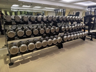 2 x Watson Bespoke Made for 'The Body Lab' Dumbbell Racks with 24 x Pairs of Solid Stainless Steel Dumbbells 4kg-60kg. Total Weight Approx 1400kg with Racks.