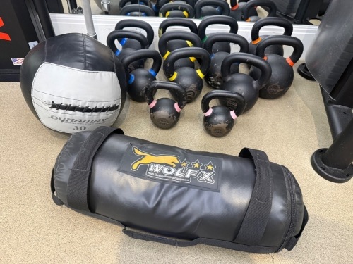13 x Rogue Fitness Kettlebells with 8kg-32kg, Wolf X Slam Bag & Dynamax 30kg Medicine Ball.