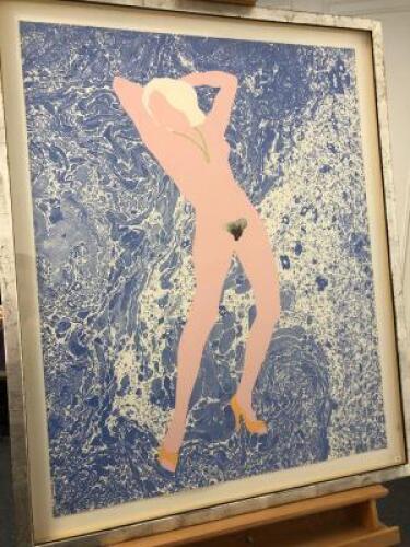 Edward Piper (1938-1990) 'Nude 5 Marbled Blue & Orange', Signed, Glazed & Framed Coloured Lithograph, Limited Edition 22/70 with Messum's Label. Size 27 x 22in