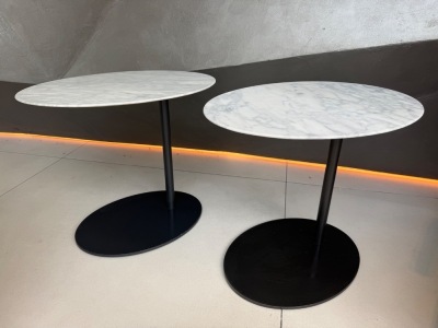 2 x Camerich Pebble Side Tables, Carrera Marble on Black Painted Metal Base. Size H52 x 455 x 60cm.
