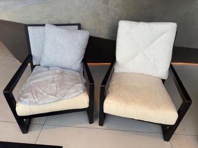 Pair of Camerich Black Walnut Framed Lounge Chairs with Cushions. NOTE: missing 2 x Covers, damaged, requires restoration.