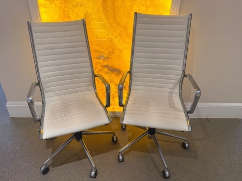 2 x Office Furniture White Leather & Chrome High Back Office Chairs.