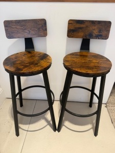 2 x Wood Effect & Black Metal Base Round High Stools with Back.