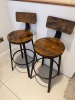 2 x Wood Effect & Black Metal Base Round High Stools with Back. - 2