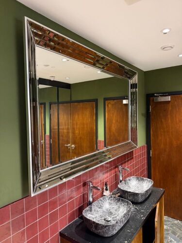 Large Silver Bevel Edged Faceted Framed Mirror, Size 115 x 186cm.