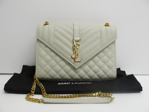 Saint Laurent Envelope Monogram Matelasse Cream Leather Shoulder Bag with Gold Hardware, with S/N Believed to be ARS187206.1218. Comes with Saint Laurent Dust Bag.