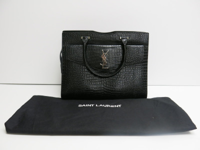 Saint Laurent Uptown Tote Bag in Black Crocodile-Embossed Shiny Leather with Silver Hardware, S/N MAL557653.1218. Comes with Saint Laurent Dust Bag, Warranty Card & Original Purchase Receipt.