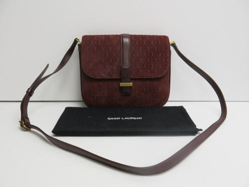 Saint Laurent Burgundy Suede Le Monogramme Satchel Bag with Gold Hardware, S/N GAB568604.1218. Comes with Saint Laurent Dust Bag.