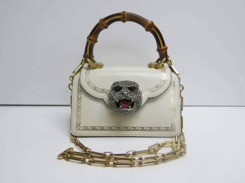 Gucci Thiara Bamboo Mini Shoulder Bag with Swarovski Rhinestones Crystal-Embellished Feline Detail, S/N B022886463. Comes with Care Instructions.