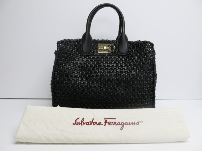 Salvatore Ferragamo Handbag in Black Leather & Raffia, S/N EE-21 1006, Limited Edition 21 of 25. Comes with Salvatore Ferragamo Dust Bag.