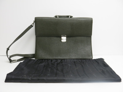 Montblanc Leather Briefcase with Silver Hardware & Khaki Leather. Comes with Mont Blanc Dust Bag. NOTE: code to lock is 17.