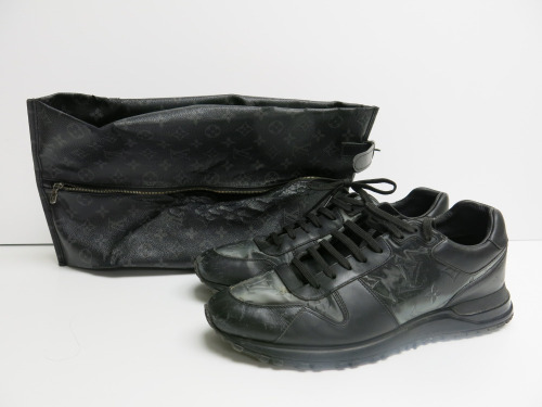 Louis Vuitton Runaway Black Leather Trainers, Size 8 1/2. Comes with Black Leather Louis Vuitton Shoe Bag. NOTE: damage to back as viewed.