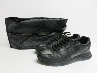 Louis Vuitton Runaway Black Leather Trainers, Size 8 1/2. Comes with Black Leather Louis Vuitton Shoe Bag. NOTE: damage to back as viewed.