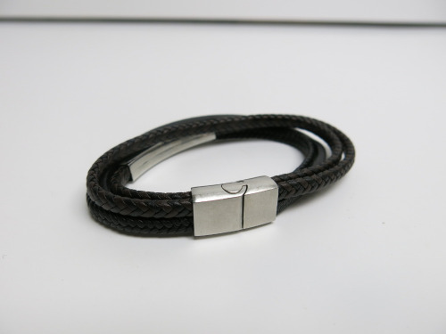 Black Woven Leather Bracelet with Silver Closure.