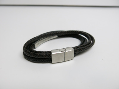 Black Woven Leather Bracelet with Silver Closure.