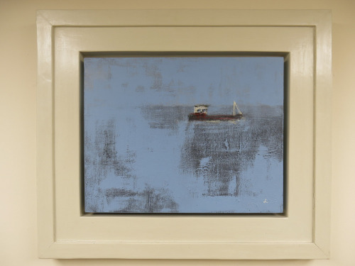 Oil on Canvas Framed Painting of a Fishing Boat on Blue Background, Signed 'L' with J.Manley Gallery Sticker to Rear in Heavy Duty Wood Frame. Artwork Size 46 x 36cm, Frame Size 68 x 57cm.