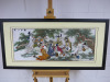 Framed & Mounted Silk Embroided Scroll with Asian Writing Translating to "8 ImmortalsWhile Drinking". Size H68 x W127cm.
