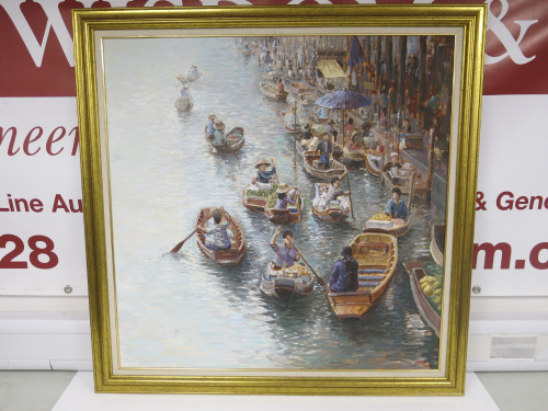 Oriental Scene Artwork with Floating Market in Gold Frame, Size 90 x 116cm.