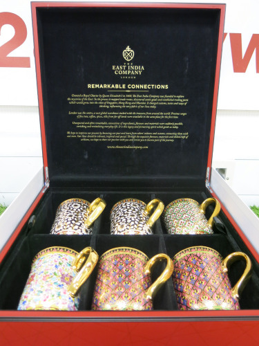 The East India Company Royal Bone China Banjarong 18ct Gold Hand Painted Set of 6 Assorted Mugs in Red Presentation Box.