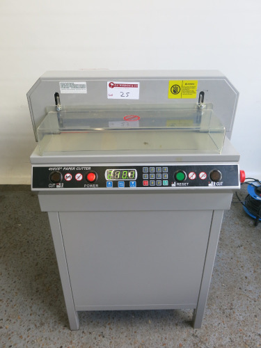 450VS+ Semi-Automatic Electric Paper Cutting Machine on Metal Cabinet.
