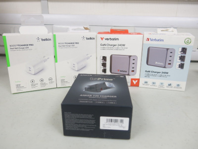 5 x Assorted Chargers to Include: 2 x Verbatim GaN Charger 240W, 2 x Belkin Dual Wall Charger 65W & 1 x Anker Gan Prime 735 Charger.