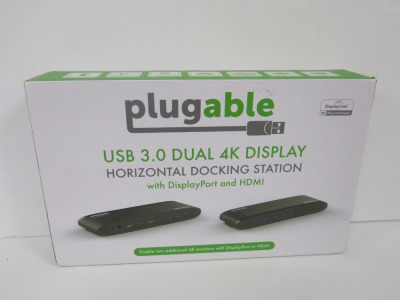 Plugable USB 3.0 Dual 4K Display Horizontal Docking Station, Model UD-6950H.