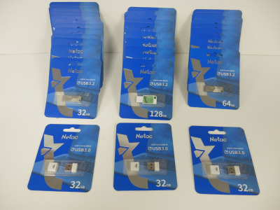34 x Assorted Netac USB Flash Drive to Include: 9 x 128 GB 3.2 USB, 8 x 64 GB 3.2 USB, 14 x 32GB 3.2 USB & 3 x 32GB 3.0 USB.