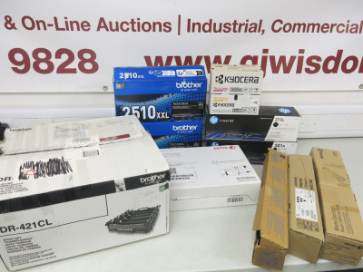 11 x Assorted Printer Toner Cartridges & Drum Cartridges to Include: 2 x Brother TN2510XXL, 1 x HP Laserjet 219x, 1 x HP Laserjet 201A, 1 x Ricoh Print Cartridge IMC300, 2 x Kyocera Toner Cartridges TK-5220M, 1 x Konica Minolta A8DA150, 1 x Xerox Drum Car