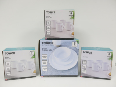 Quantity of Tower White Porcelain Crockery to Include: 1 x Box of 12 Piece Dinner Set & 3 x Boxes of 4 Piece Mug Set.