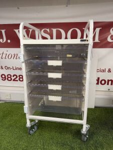 Sunflower Mobile Medical Multi Draw Cabinet with Clear Door. Size H100 x W52 x D50cm. NOTE: key snapped in lock.