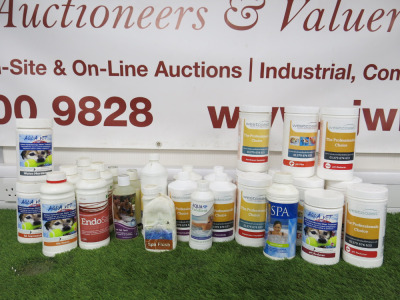 30 x Assorted Pool/Spa Chemicals to Include: 7 x Westcoast PH Reducer, 1.5kg, 3 x Westcoast Hardness Increaser, 1kg, 1 x Westcoast Cartridge Cleaner, 1Ltr, 2 x Westcoast Foam Away, 1Lt, 2 x Westcoast Surface Cleaner, 1 Lt, 4 x Aquasparkle Hot Tub Flush, 0