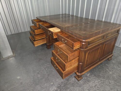 Reproduction Partners Desk with 3 Section Embossed Faux Leather Inlay Top. Size 180 x 102cm.