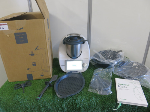 Vorwerk Thermomix Counter Top Food Processor, Model TM6-1, S/N 22484203063309473. Comes with Mixing Bowl, Lid, Measuring Cup, Spatula, Simmering Basket, Butterfly Whisk, Splash Guard, Varoma Dish, Tray, Lid & Cook Book.