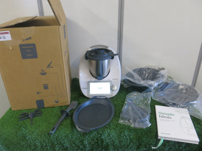 Vorwerk Thermomix Counter Top Food Processor, Model TM6-1, S/N 22484203063309473. Comes with Mixing Bowl, Lid, Measuring Cup, Spatula, Simmering Basket, Butterfly Whisk, Splash Guard, Varoma Dish, Tray, Lid & Cook Book.