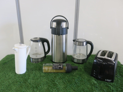 Assorted Lot of Catering Accessories to Include: 2 x Kettles, 1 x Cafetiere, 1 x Filter In Bottle, 1 x Stainless Steel Airpot & 1 x 2 Slice Russel Hobbs Toaster.