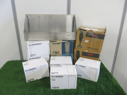 Quantity of Glassware & Bar Accessories to Include: 1 x Stainless Steel Bar Tidy, 4 x Boxes of 6 Ikea Godis Tumblers, 2 x Boxes of 6 Ikea Storsint Wine Glasses, 2 x Boxes of 12 Arcoroc Tumblers & 2 x Boxes of Pasabahce Champagne Glasses.