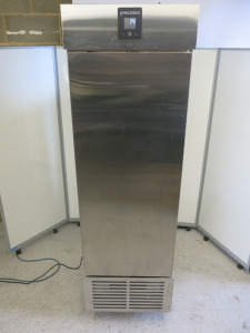 Precision Stainless Steel Upright Single Door Gastronorm Freezer, Model LPU401-FDR, S/N 19679/5. Size H198 x W57 x D69cm. Comes with Key & Operating Instructions. NOTE: installed new and appears never used.