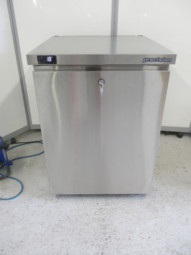 Precision Stainless Steel Single Door Undercounter Freezer, Model LPU150, S/N 197676. Size H81 x W60 x D63cm. Comes with Keys. NOTE: installed new and appears never used.