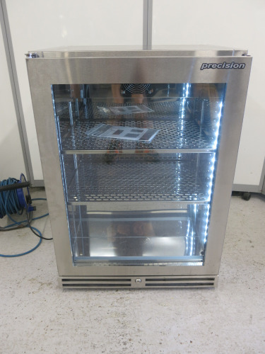 Precision Stainless Steel Single Glass Door Bottle Cooler, Model BBS600, S/N 199124. Size H85 x W60 x D50cm. Comes with Keys & Operating Instructions. NOTE: installed new and appears never used.