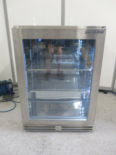 Precision Stainless Steel Single Glass Door Bottle Cooler, Model BBS600, S/N 195548. Size H85 x W60 x D50cm. Comes with Keys & Operating Instructions. NOTE: installed new and appears never used.