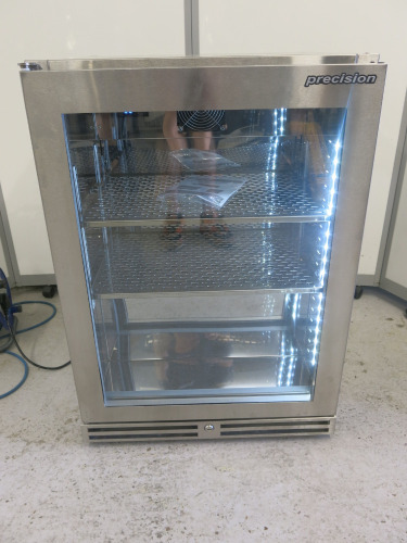 Precision Stainless Steel Single Glass Door Bottle Cooler, Model BBS600, S/N 199123. Size H85 x W60 x D50cm. Comes with Keys & Operating Instructions. NOTE: installed new and appears never used.