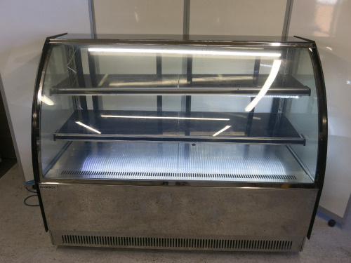 Diaminox Curved Glass Display Fridge with Black Finish & Stainless Steel Base, Model DX-1500CF2. Size H120 x W150 x D73cm.