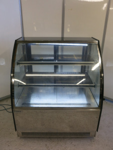 Diaminox Curved Glass Display Fridge with Black Finish & Stainless Steel Base, Model DX-1000CF2. Size H120 x W100 x D73cm.