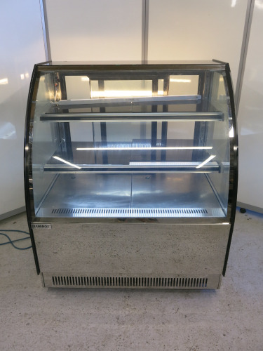 Diaminox Curved Glass Display Fridge with Black Finish & Stainless Steel Base, Model DX-1000CF2. Size H120 x W100 x D73cm.