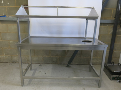 Stainless Steel Prep Table with 1 Shelf Over. Size H156 x W160 x D70cm, with Access Hole (As Viewed).